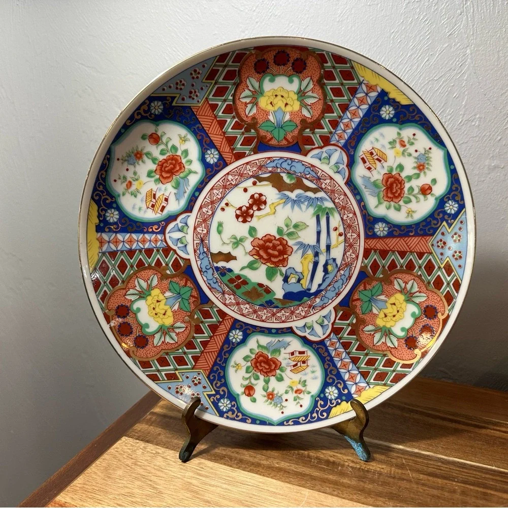 Decorative Imari-Style Porcelain Plate - Red, Blue, Gold Floral Design